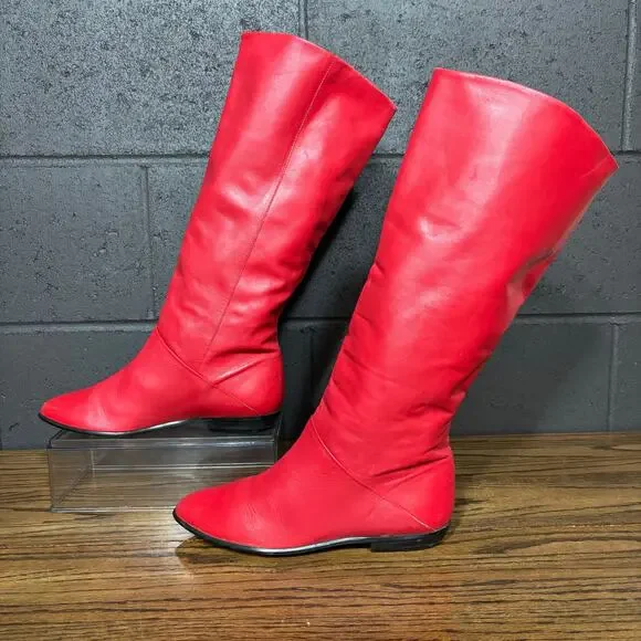 Women’s Red Leather Knee-High Boots Size 8 Made in Uruguay - Picture 1 of 8